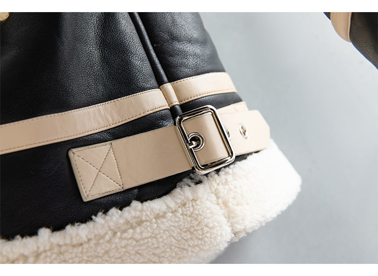 Chaqueta Unisex Cálida - Cuero Sintético Forrado de Borrego, Estilo Motociclista, Cierre Frontal con Cremallera, Para Uso en Invierno