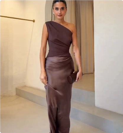 Fitted women's dress - asymmetric one-shoulder sheath, satin, for formal evening events and special occasions