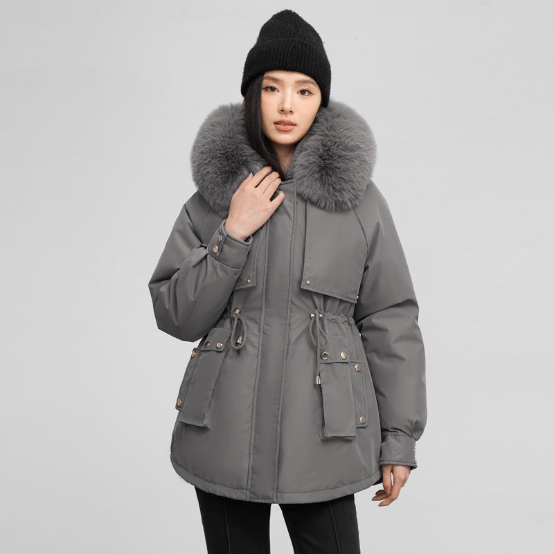 Insulating Womens Parka - Hooded Fur Collar, Cotton Padded
