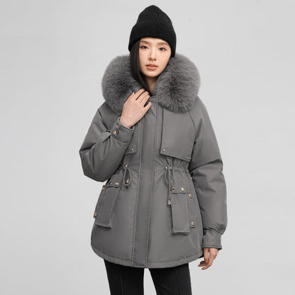 Insulating Womens Parka - Hooded Fur Collar, Cotton Padded
