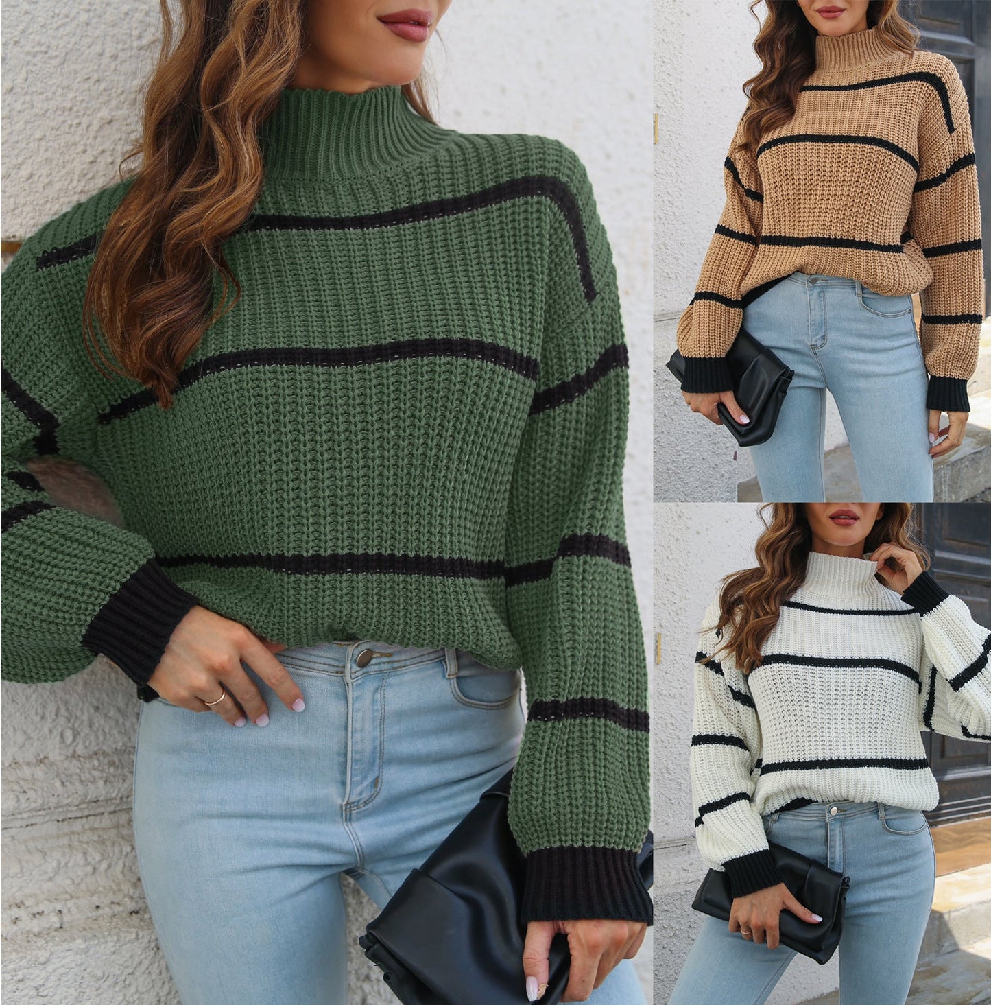Warm Cozy Women Striped Pullover Jumper- Mock Neck Acrylic