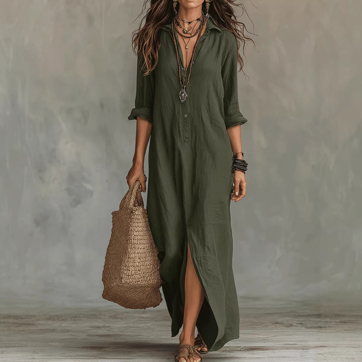 Soft women's flowy maxi dress - long-sleeve lapel-collar, solid, beach vacation