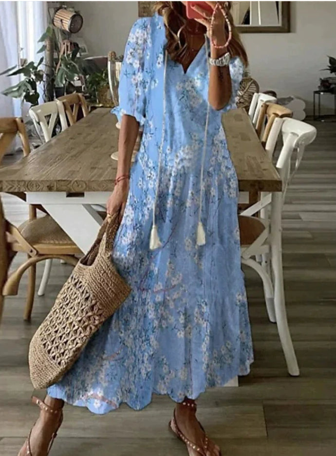 Vestito leggero da donna - stampa bohemien, scollo a V, maniche lunghe, vita media, abbigliamento casual quotidiano