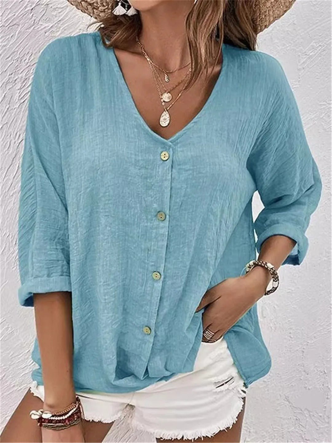 V-Neck Button-Up Women's Top - Lightweight Blouse for Women, Versatile Casual Elegance, Flattering Fit, Sizes S-3XL-1