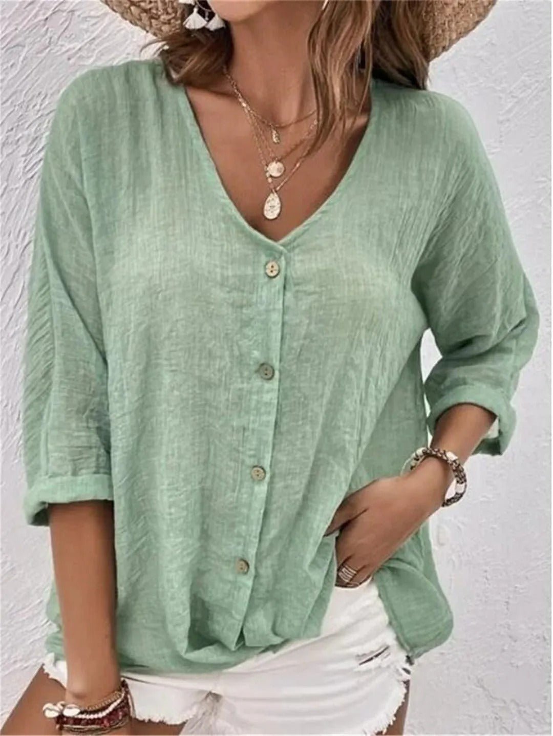 V-Neck Button-Up Women's Top - Lightweight Blouse for Women, Versatile Casual Elegance, Flattering Fit, Sizes S-3XL-4