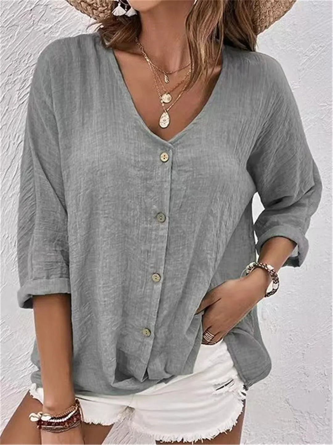V-Neck Button-Up Women's Top - Lightweight Blouse for Women, Versatile Casual Elegance, Flattering Fit, Sizes S-3XL-5