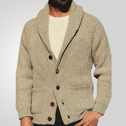 Weicher Herren-Strickjacke mit Schalkragen – Rippstrick, Frühling Herbst