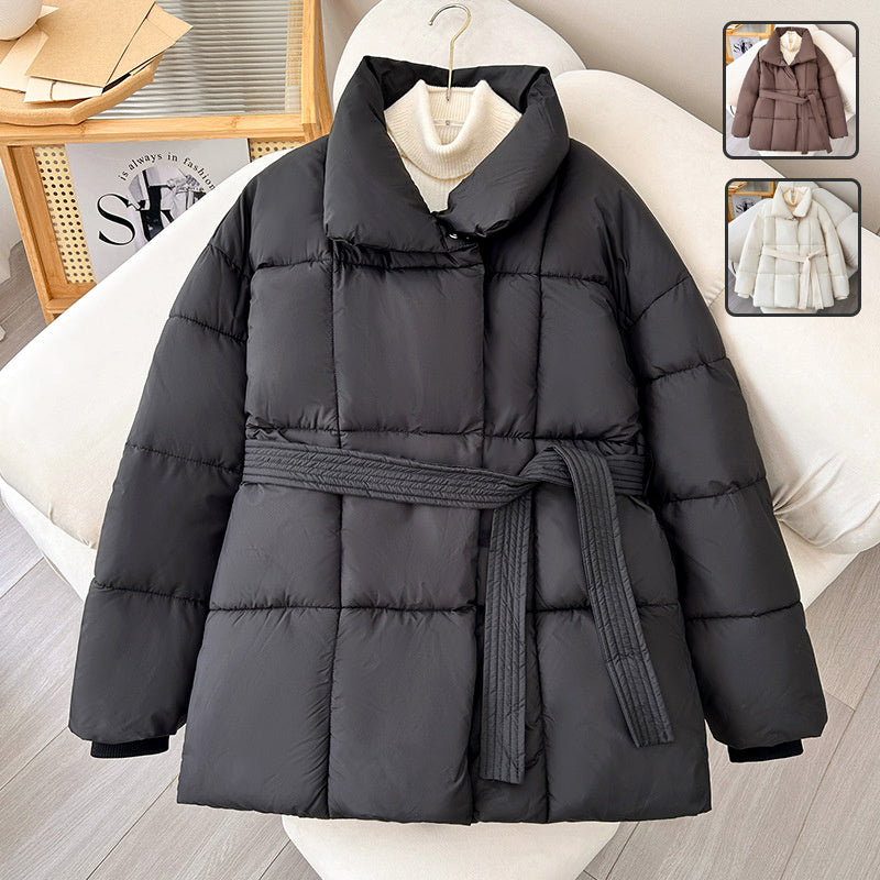 Warm Womens Puffer Coat - Belted Quilted Nylon Midthigh