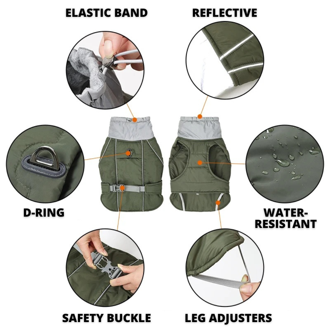 Vannavstøtende hundekåpe med reflekterende striper og justerbare stropper for trygge vinterturer 2025