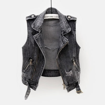 Chaleco de mezclilla ajustado para mujer - Moto crop, desgastado, casual
