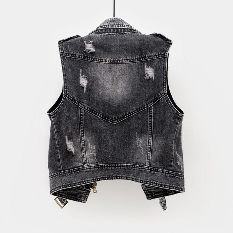 Chaleco de mezclilla ajustado para mujer - Moto crop, desgastado, casual