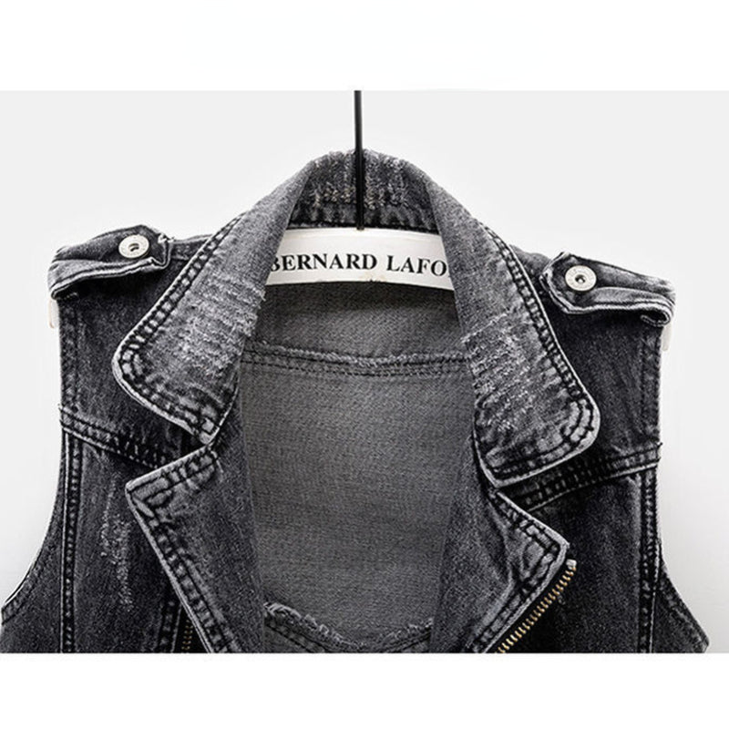 Chaleco de mezclilla ajustado para mujer - Moto crop, desgastado, casual