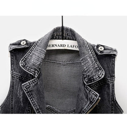 Chaleco de mezclilla ajustado para mujer - Moto crop, desgastado, casual