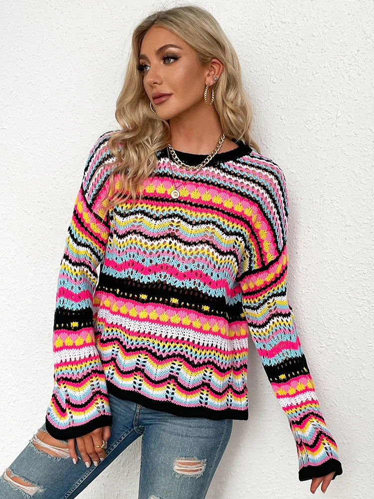 Breathable Women's Crochet Sweater - Boxy Openwork Spring