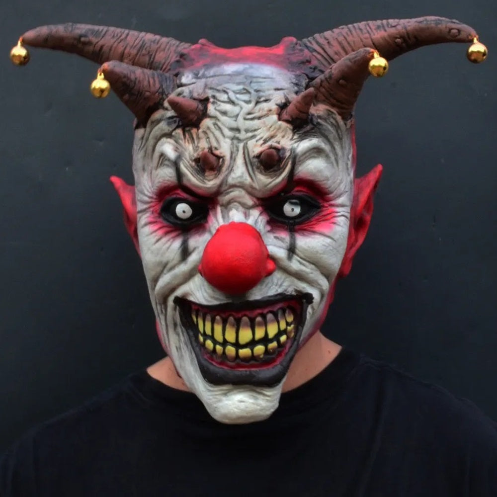 Terrifying Jester Clown Latex Mask with Metal Bells – Scary Halloween Costume Accessory for Men and Women