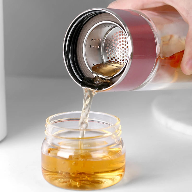 Tea Infuser Bottle Borosilicate Glass 430ml Double Layer With Built-In Strainer Leak-Proof Lid Fall 2025 Gift