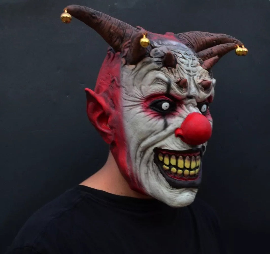 Terrifying Jester Clown Latex Mask with Metal Bells – Scary Halloween Costume Accessory for Men and Women