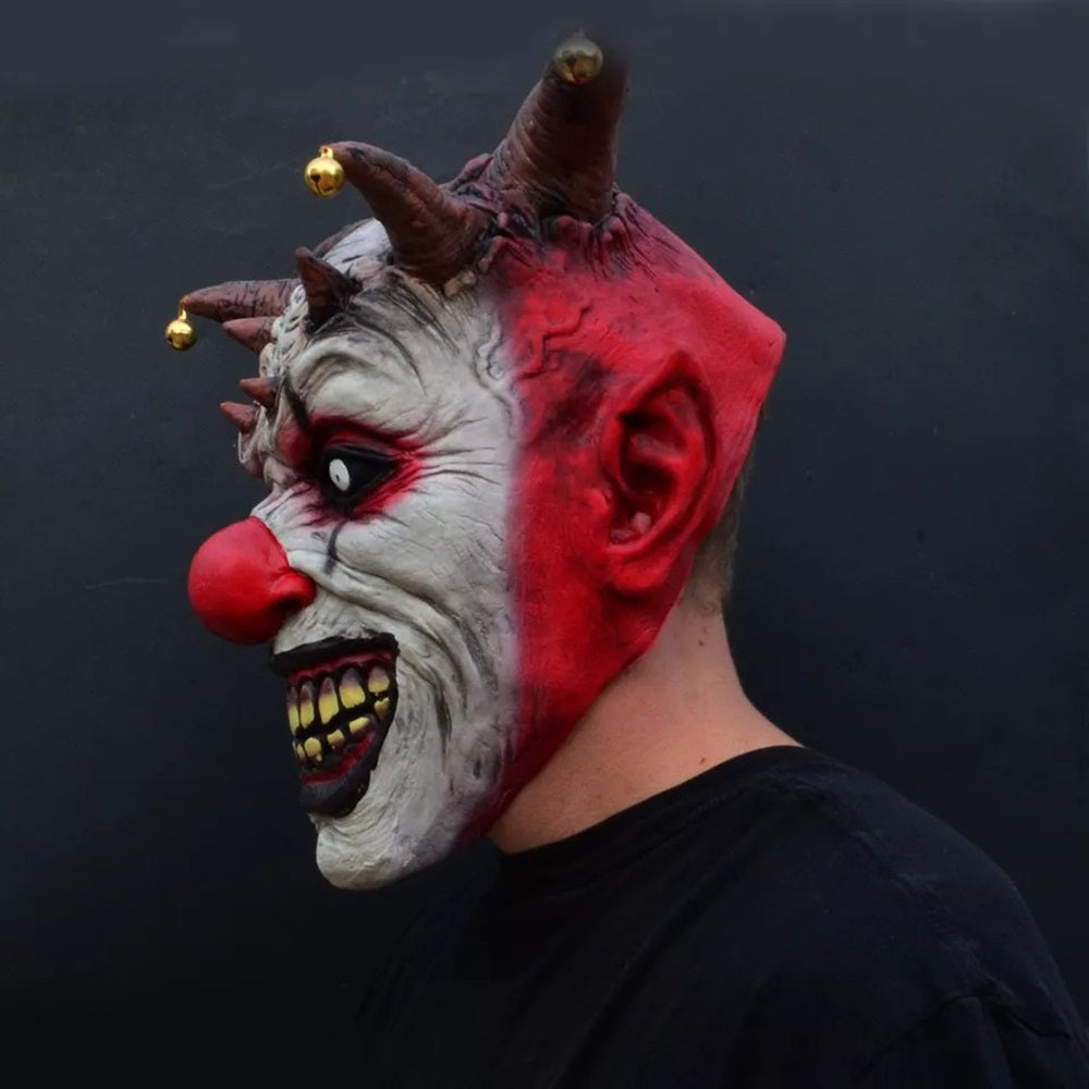 Terrifying Jester Clown Latex Mask with Metal Bells – Scary Halloween Costume Accessory for Men and Women