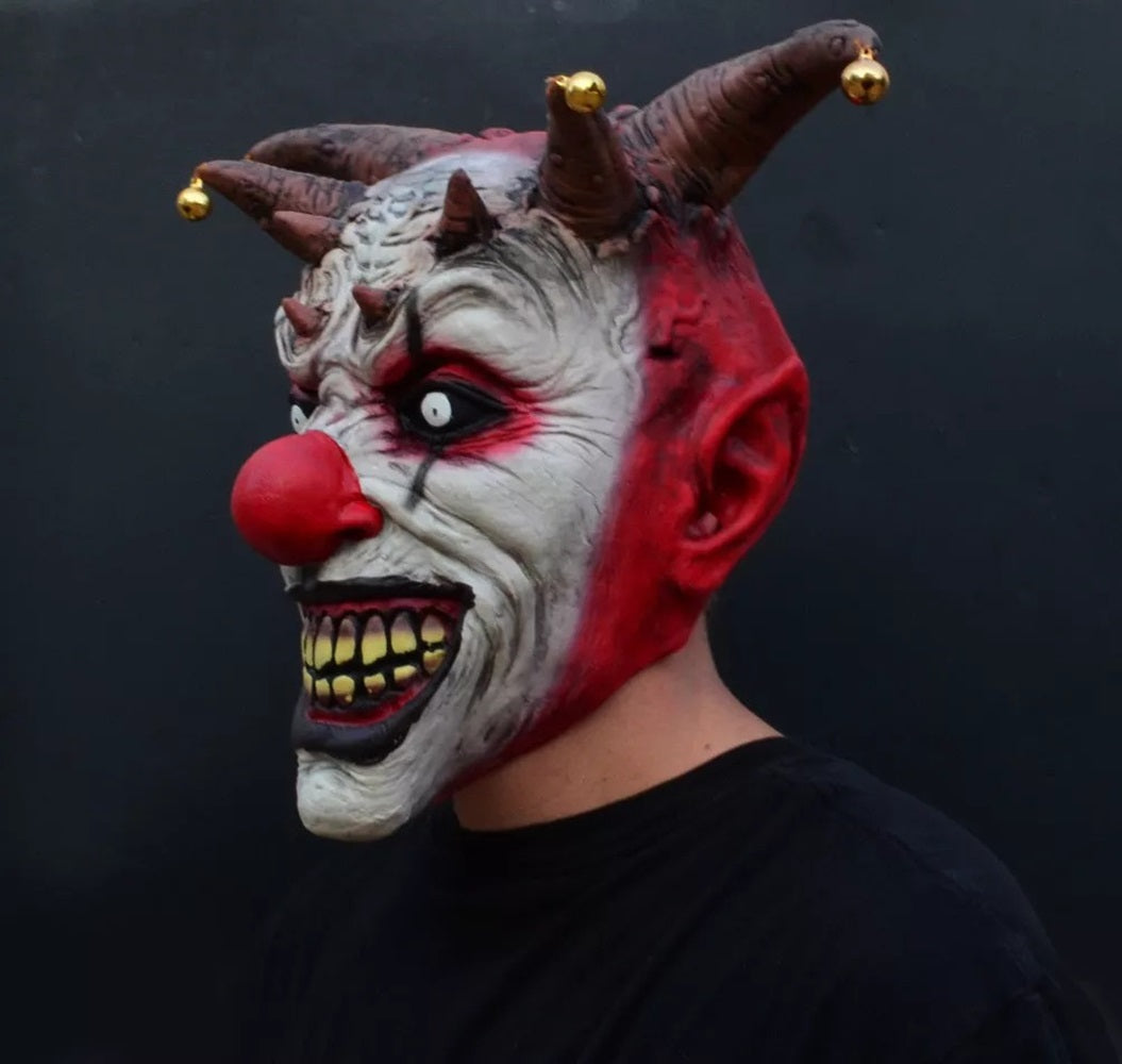 Terrifying Jester Clown Latex Mask with Metal Bells – Scary Halloween Costume Accessory for Men and Women