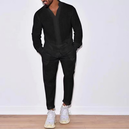 Linnen Set voor Mannen Lichtgewicht Lange Mouwen Shirt en Broek Casual Zomer Outfit