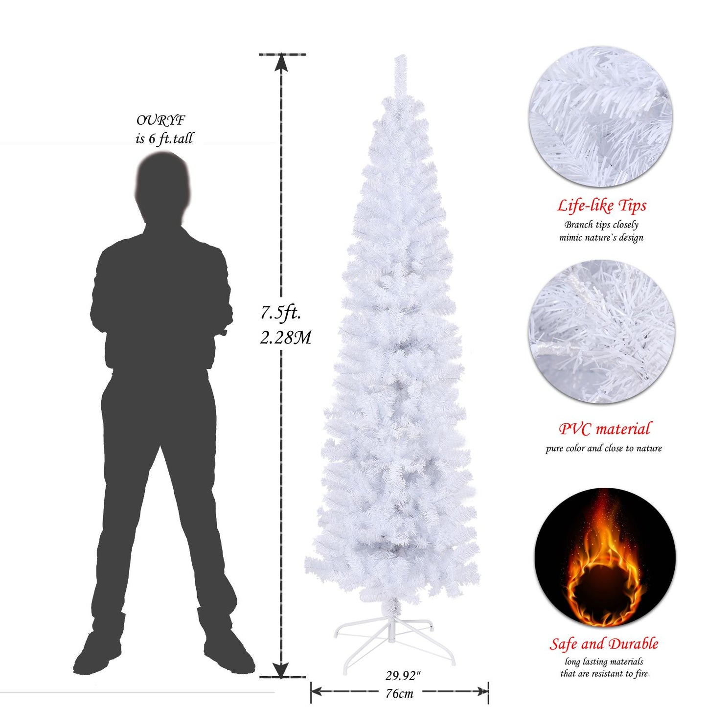 7.5 ft Slim White Pencil Christmas Tree – Space-Saving Design with 1000 Tips, Ideal Holiday Decor for Small Spaces 2024