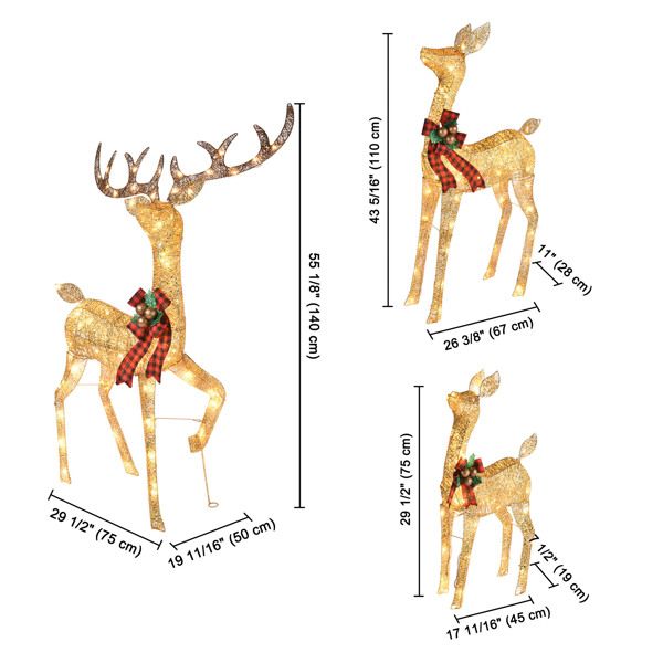 Illuminated 3-Piece Christmas Deer Family Set with 210 Warm White LED Lights for Outdoor Holiday Decor