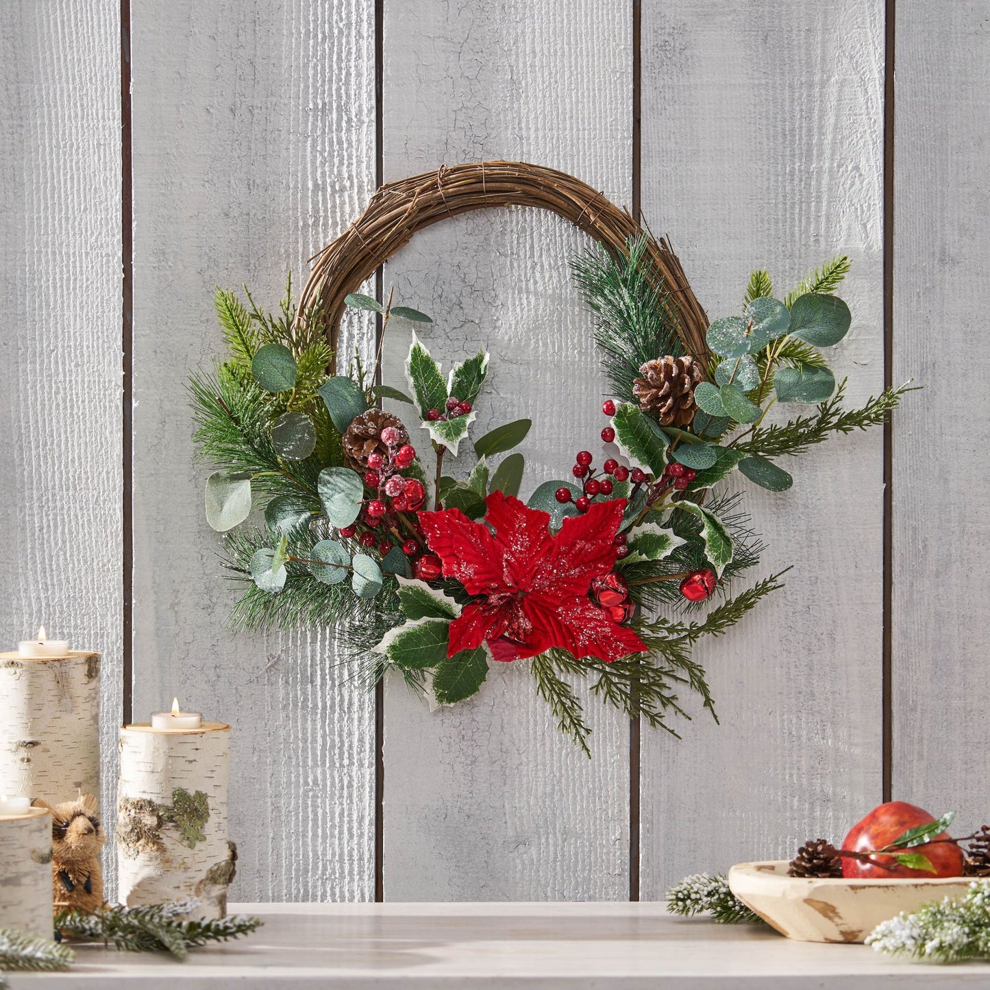 23.5-inch Poinsettia & Eucalyptus Holiday Wreath – Vibrant Red Berries, Perfect for Front Door, Christmas Decor 2024