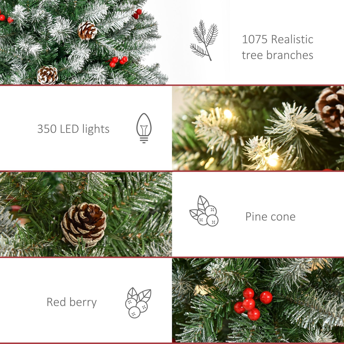 7.5 ft Pre-Lit Snow-Flocked Artificial Christmas Tree with Realistic Branches, 350 LED Lights, Pine Cones & Berries for Holiday Decor 2024