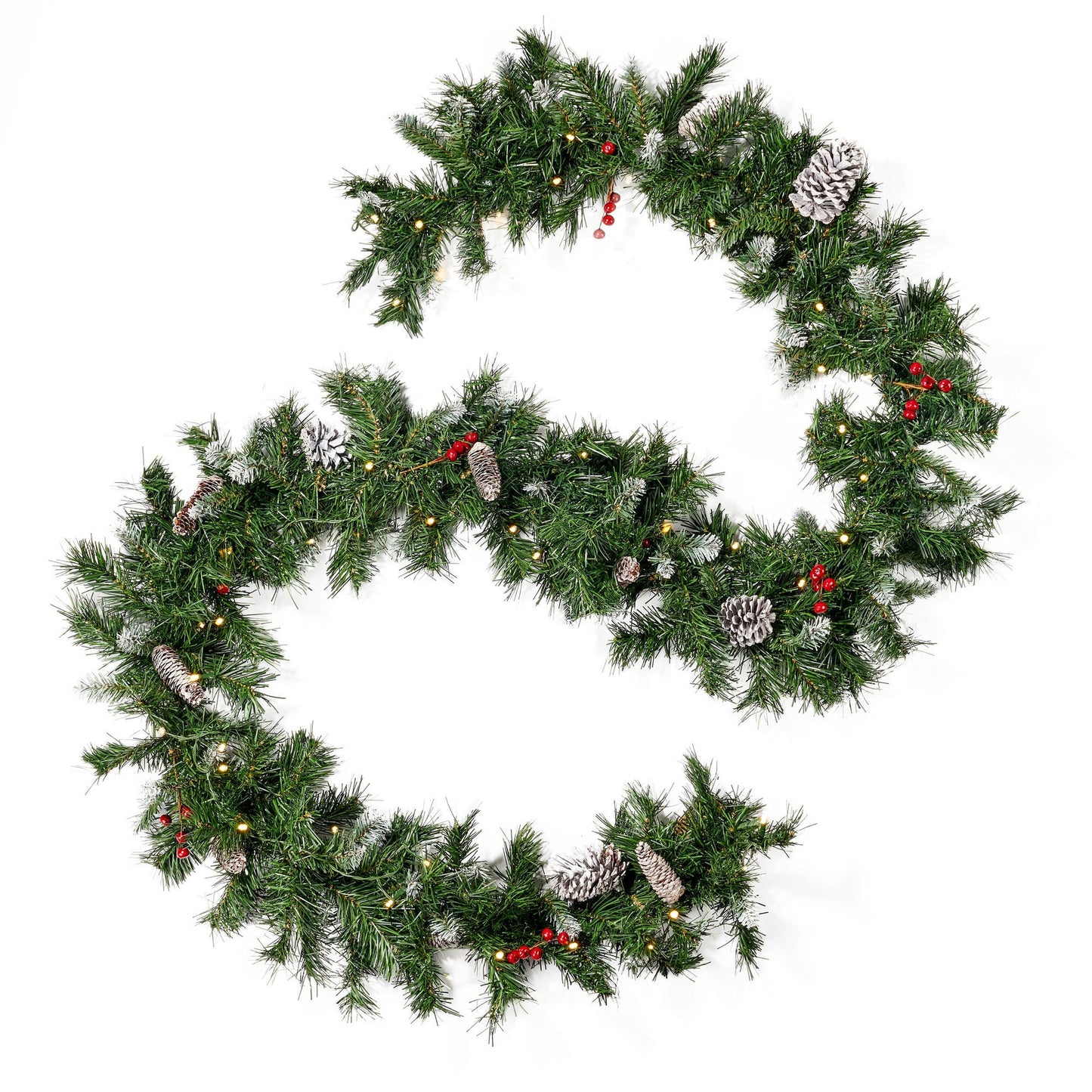 Set of 2 Frosted Christmas Garlands with Pine Cones, Red Berries, and 50 LED Lights with Timer - Battery Operated, 200 Tips