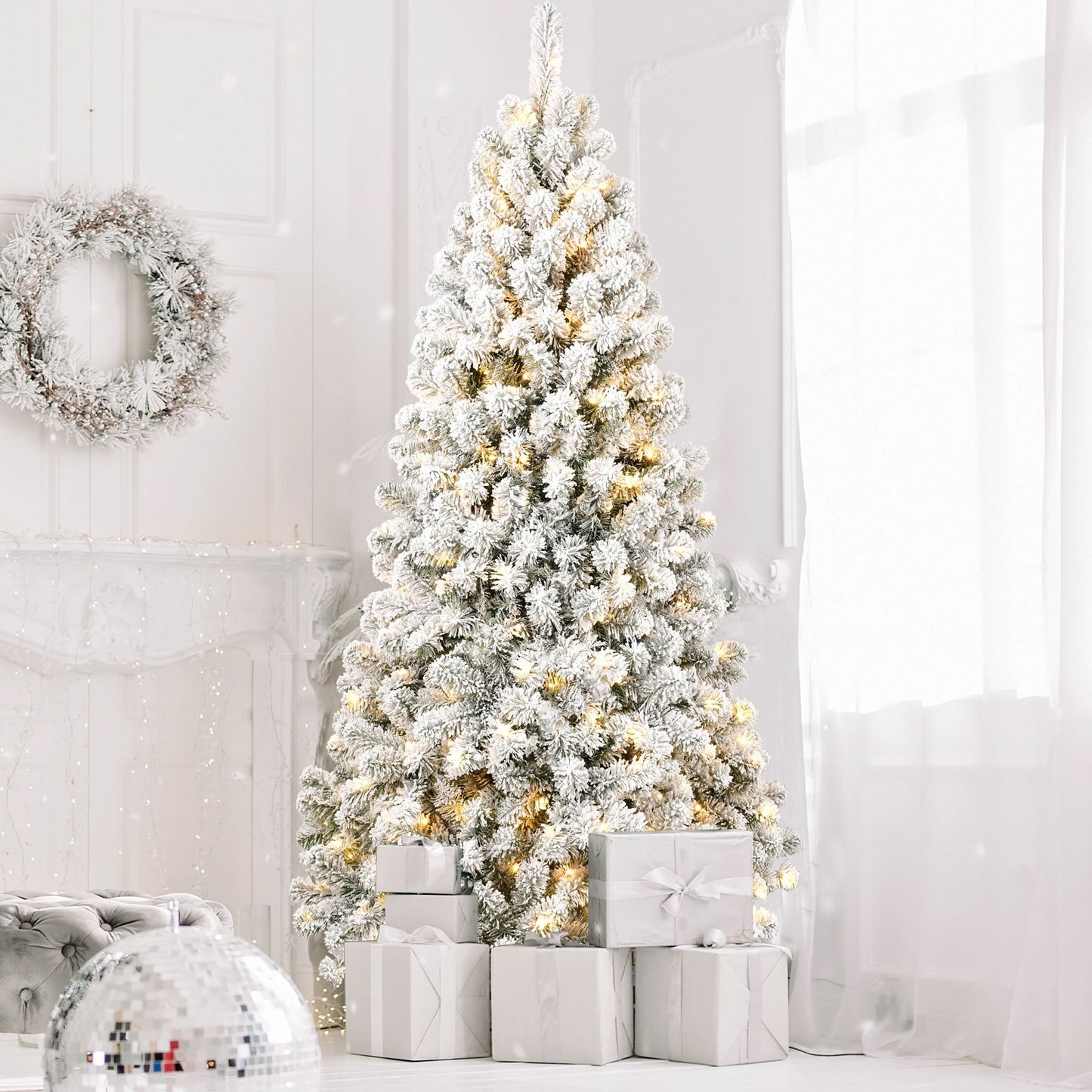 5ft Pre-Lit Snow-Flocked Artificial Christmas Tree - Eco-Friendly Fireproof Design, Easy Assembly for Holiday 2024