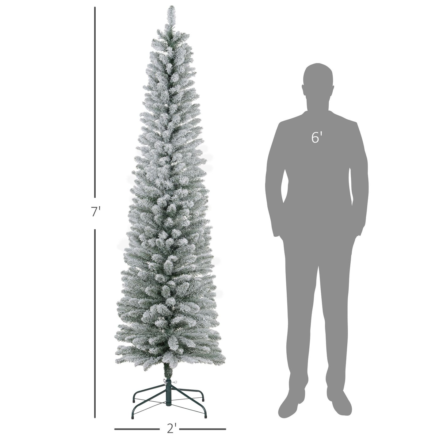 7 ft Snow-Flocked Pencil Christmas Tree with Realistic Tips & Metal Base – Perfect Holiday Decor for Small Spaces 2024