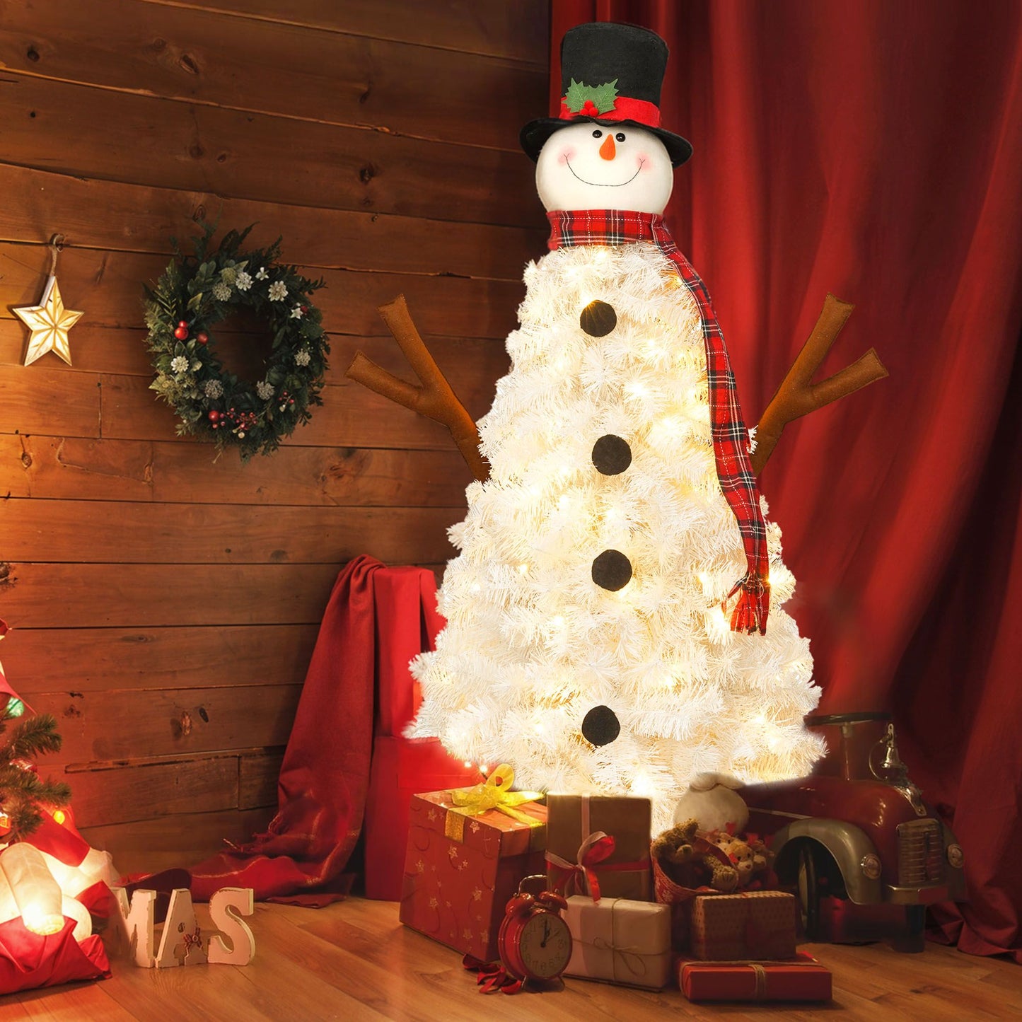 4 ft Pre-Lit Snowman Christmas Tree with 100 LED Lights – Cute Artificial Holiday Decor for Home & Office Christmas 2024