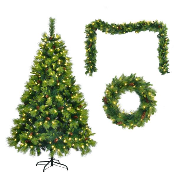 6FT Pre-Lit Green Christmas Tree Set with Garland & Wreath, Artificial Pine with Pine Cones, Hinged Holiday Decor for Home & Office 2024