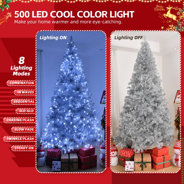 8 FT Pre-Lit Silver Christmas Tree – Lifelike Pine with 550 LED Lights & Remote Control, Perfect Holiday Decor for Home & Office 2024