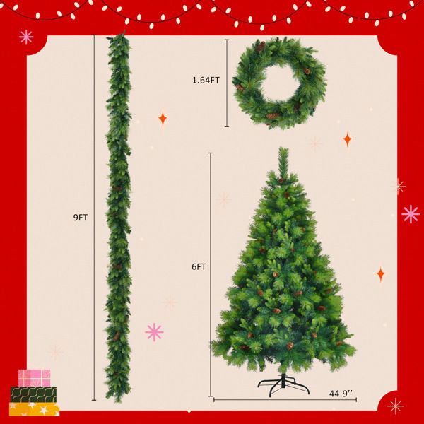 6FT Pre-Lit Green Christmas Tree Set with Garland & Wreath, Artificial Pine with Pine Cones, Hinged Holiday Decor for Home & Office 2024