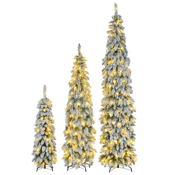 4FT, 6FT, 8FT Pre-Lit Snow-Flocked Pencil Christmas Trees with LED Lights – Slim Holiday Decor Set for Home & Office 2024