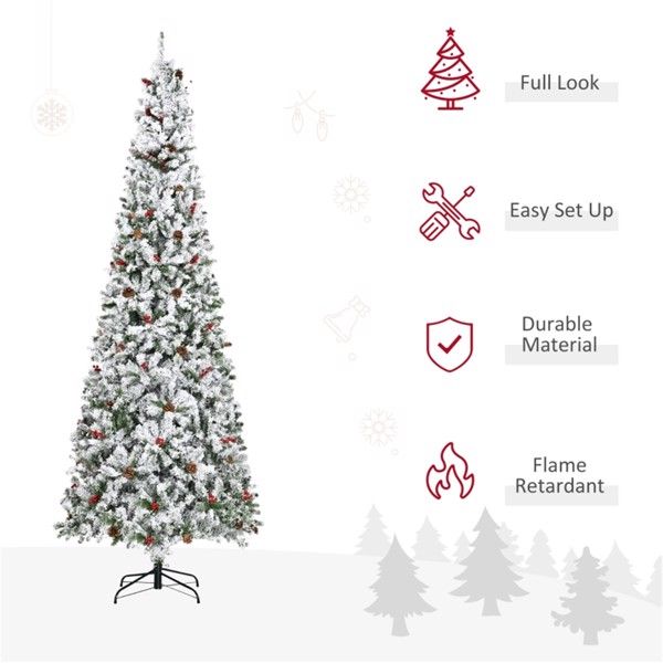 9ft Snowy Pine Christmas Tree with Pine Cones & Berries - Elegant Indoor Holiday Decor for Small Spaces