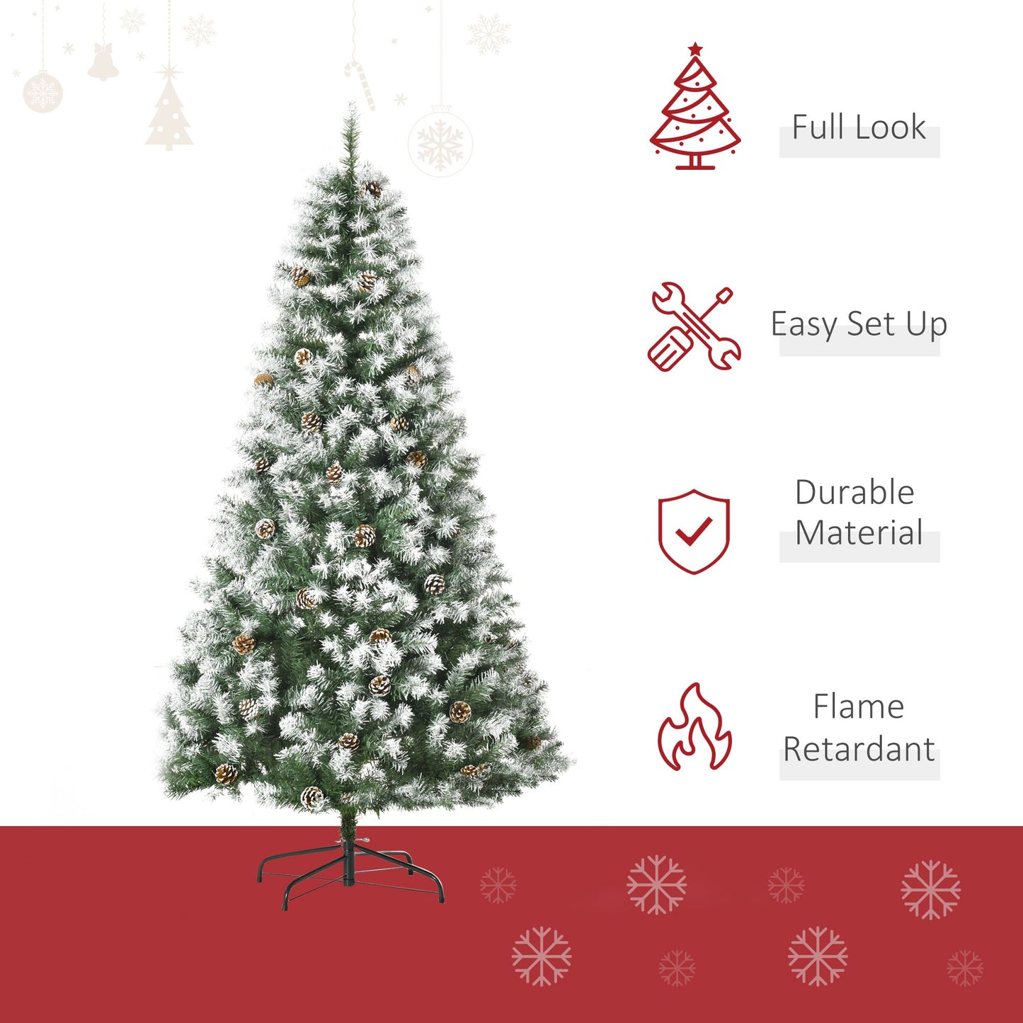 6 ft Snow-Dusted Full Fir Artificial Christmas Tree with 800 Tips and Pinecones – Realistic Holiday Decor for Christmas 2024