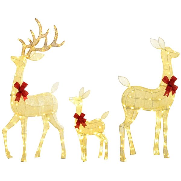 3-Piece LED Lit Reindeer Family Set – Silver with Red Bows, Outdoor Safe Christmas Decoration 2024