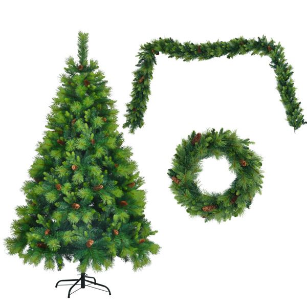 6FT Pre-Lit Green Christmas Tree Set with Garland & Wreath, Artificial Pine with Pine Cones, Hinged Holiday Decor for Home & Office 2024