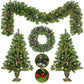 Pre-lit Artificial Christmas 4-Piece Set,Garland, Wreath and Set of 2 Entrance Trees