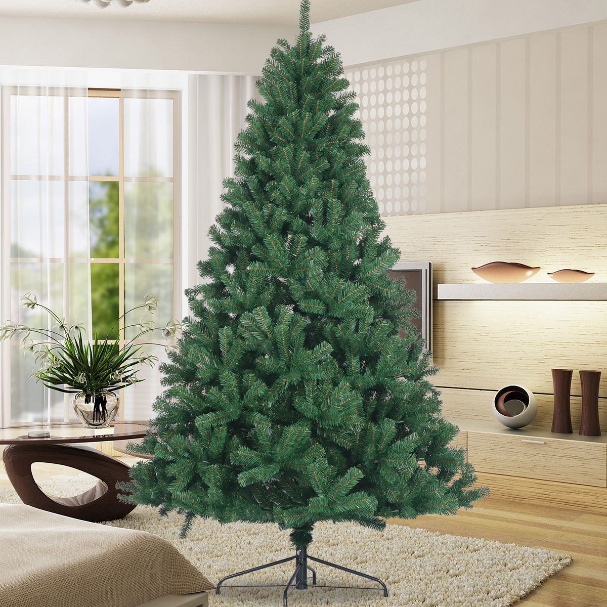 7.5 ft Full Green Artificial Christmas Tree - Realistic Spruce PVC Fir with Metal Stand, Unlit Decor for Holiday 2024