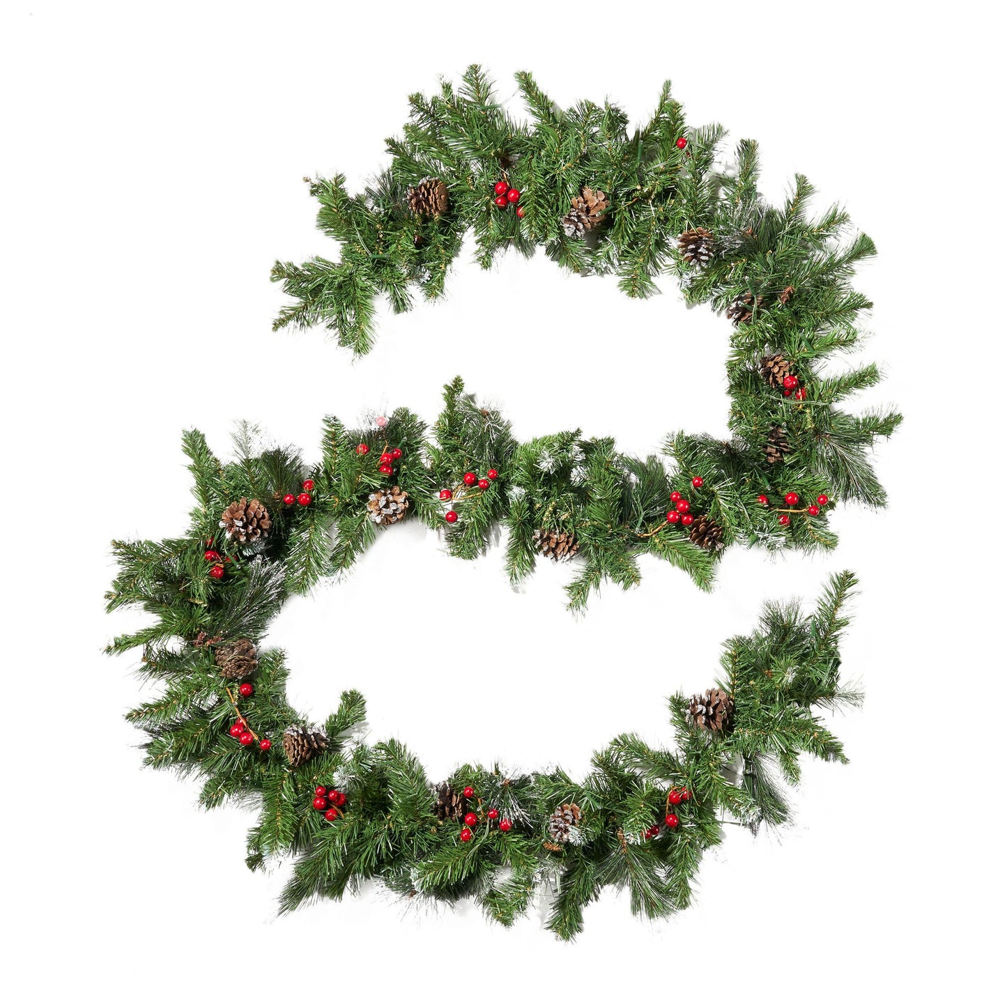 Set of 2 Glitter Bristle Mixed Garlands with LED Lights, Red Berries, and Pine Cones - 9"x10" Outdoor Decor with Timer, 180 Tips