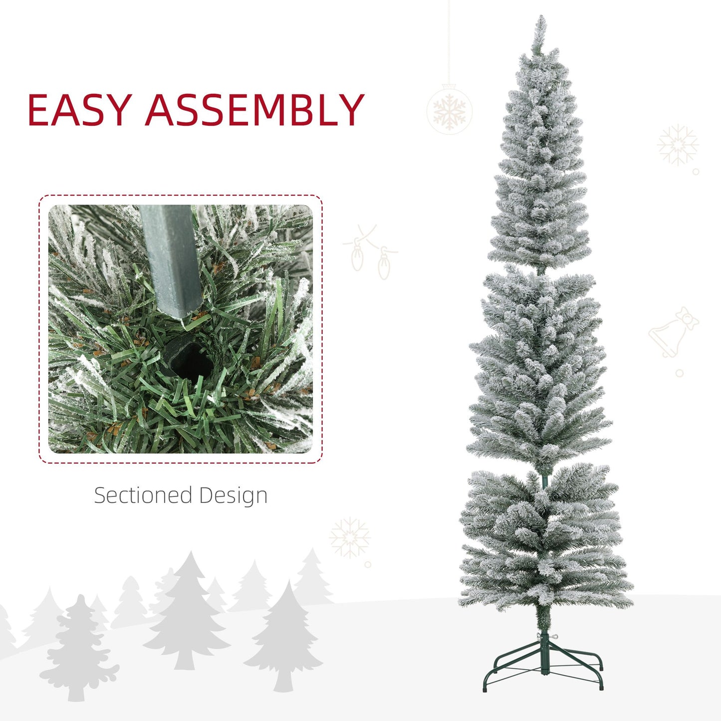 7 ft Snow-Flocked Pencil Christmas Tree with Realistic Tips & Metal Base – Perfect Holiday Decor for Small Spaces 2024