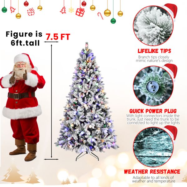 8ft Pre-Lit Snow-Flocked Christmas Tree with Colorful & Warm LED Lights – Perfect Holiday Decor for Home, Christmas 2024