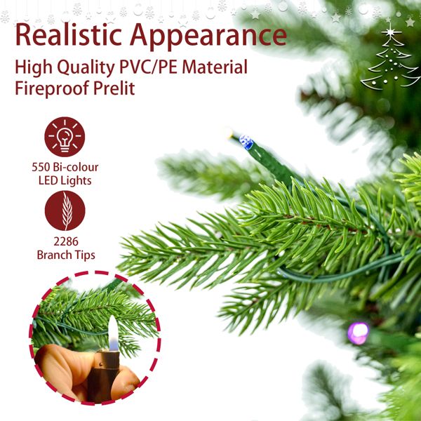 7.5 ft Pre-Lit Artificial Green Everett Balsam Christmas Tree – 550 Multi-Colour LED Lights, 2286 Branch Tips, Perfect for Indoor Holiday Decor 2024