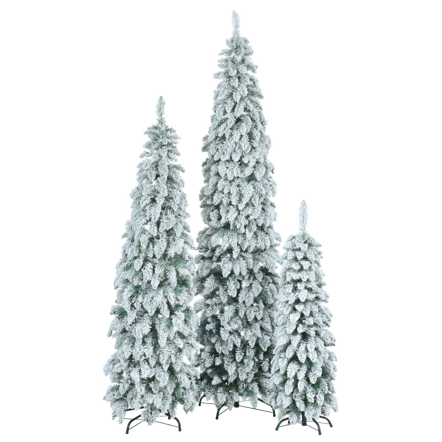 8FT, 6FT, 4FT Pre-Lit Pencil Christmas Trees, 3-set Slim Artificial Christmas Tree With Snow Flocking, Xmas Holiday Decoration Tree, 1455 Branch Tips, 520 LED Lights, 11 Lighting Modes