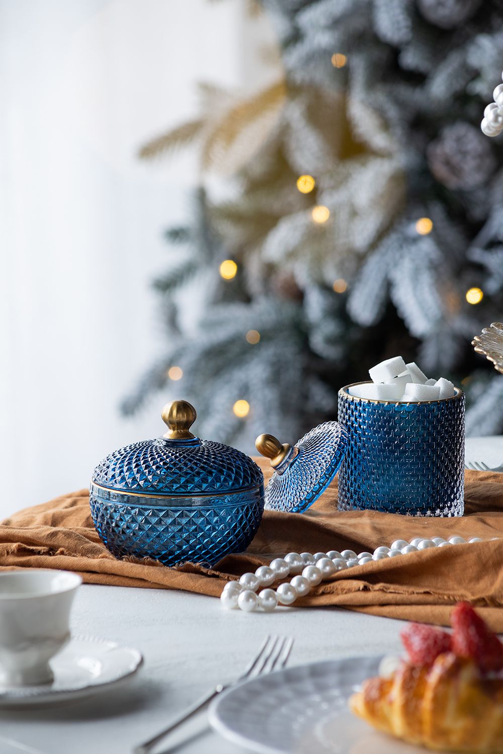 Vintage Blue & Gold Glass Candy Jars Set of 2 – Diamond-Cut Design for Tabletop & Dresser, Christmas Decor 2024