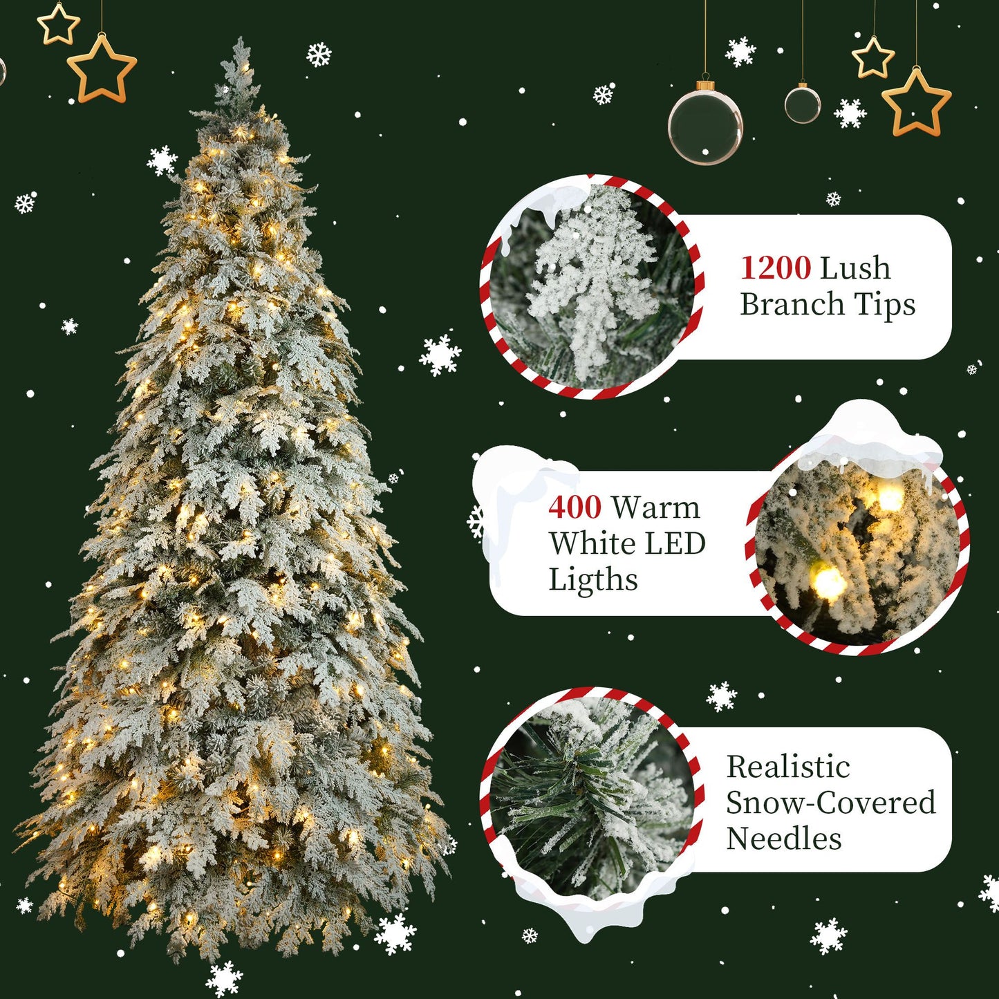 7.5 ft Snow-Flocked Artificial Christmas Tree with 400 LED Lights – Stunning Holiday Decor for Home & Office Christmas 2024