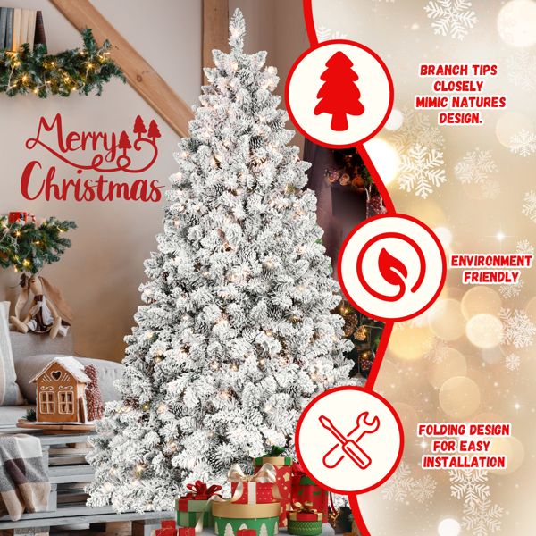 7.5 ft Pre-Lit Snow-Flocked Christmas Tree with Pine Cones – Easy Assembly with Metal Base, Perfect Holiday Decor for Home & Outdoor 2024